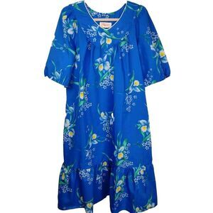 Hukilau Fashions Womens Mumu Tropical Hawaiian Dress Vibrant Blue Floral L Vtg